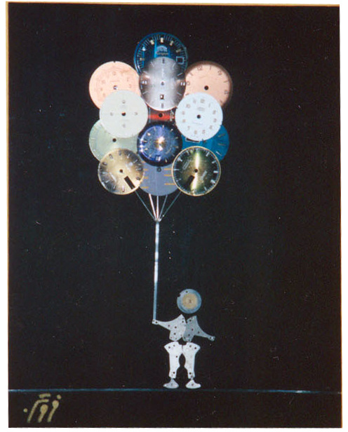 Watch collage of a figure holding watch-face balloons